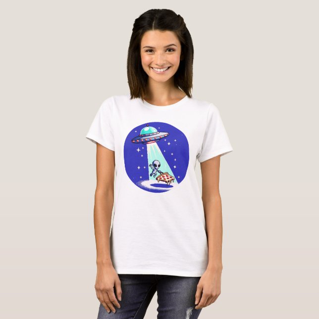 Alien Pizza Abduction - Funny Pixel Art UFO Design T-Shirt (Front Full)