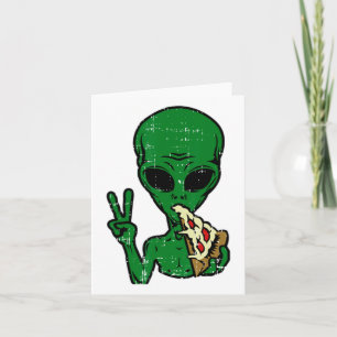Alien Pizza Eating Peace Fun Space Area-51 Hallowe Card
