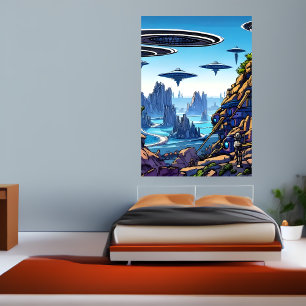 Alien planet, alien flying machine   AI Art Poster