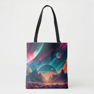 Alien planet landscape background tote bag