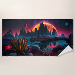 Alien planet Setting Moon Beach Towel
