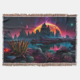 Alien planet Setting Moon Throw Blanket