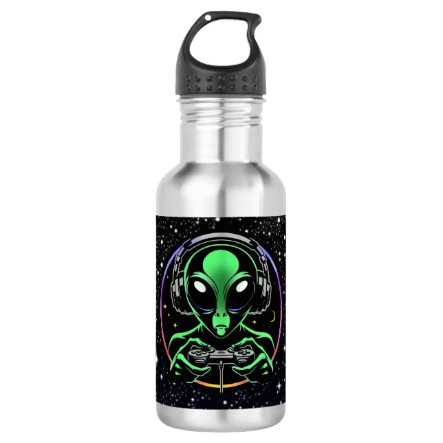Alien Playing Video Games with Star Background 532 Ml Water Bottle (Front)