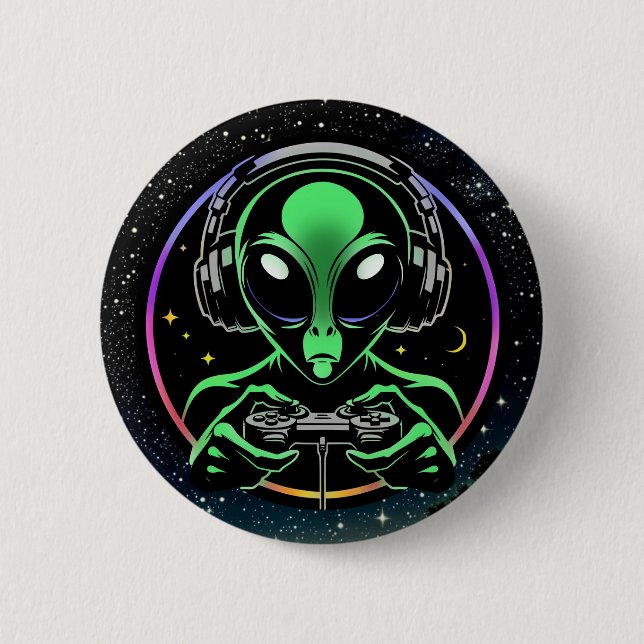 Alien Playing Video Games with Star Background 6 Cm Round Badge (Front)