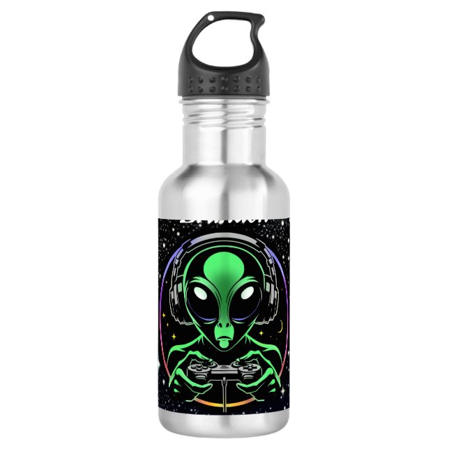 Alien Playing Video Games with Star Background 710 Ml Water Bottle (Front)