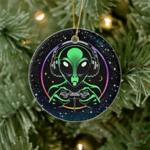 Alien Playing Video Games with Star Background Ceramic Tree Decoration