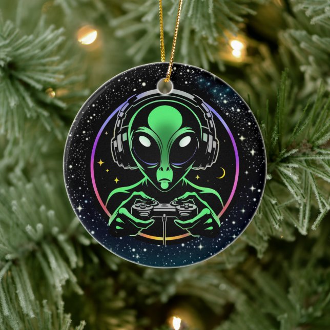 Alien Playing Video Games with Star Background Ceramic Tree Decoration (Tree)