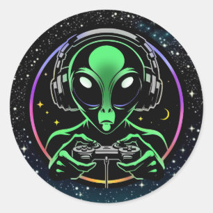 Alien Playing Video Games with Star Background Classic Round Sticker