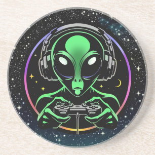 Alien Playing Video Games with Star Background Coaster