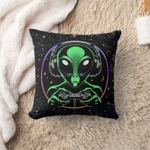 Alien Playing Video Games with Star Background Cushion