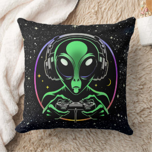 Alien Playing Video Games with Star Background Cushion