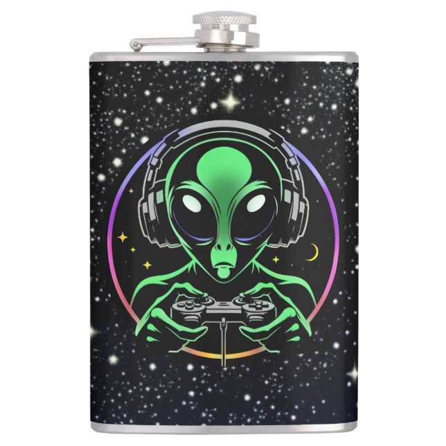 Alien Playing Video Games with Star Background Hip Flask (Front)