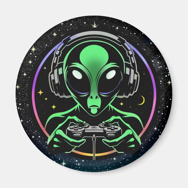 Alien Playing Video Games with Star Background Magnet (Front)