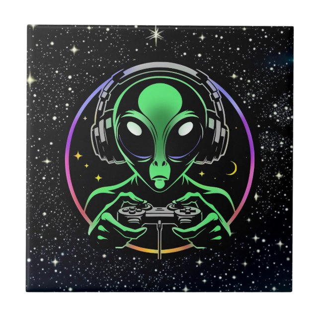 Alien Playing Video Games with Star Background Tile (Front)