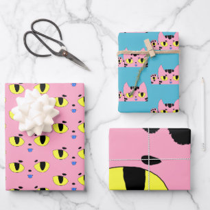 Alien Pocket Cat Pink Cartoon Kitten Wrapping Paper Sheet