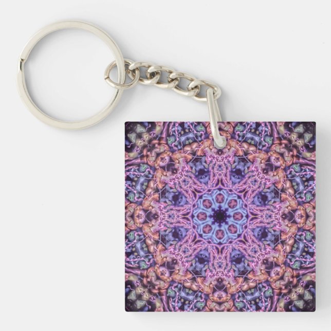 Alien Purple Psychedelic Kaleidoscopic Mandala Key Ring (Front)