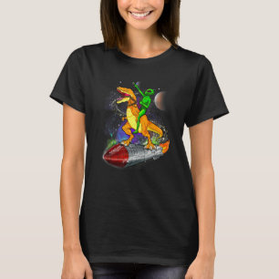 Alien Riding Dinosaur On Rocket In Space T-Shirt