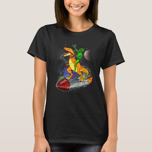 Alien Riding Dinosaur On Rocket In Space T-Shirt (Front)
