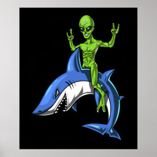 Alien Riding Shark Space UFO Poster