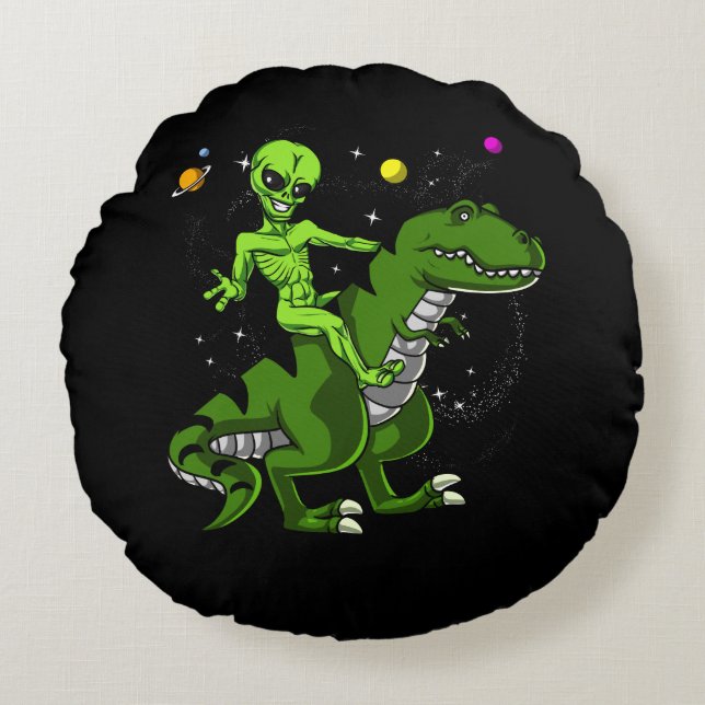 Alien Riding T-Rex Dinosaur Space UFO Round Cushion (Front)