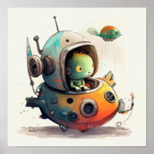 "Alien Robot in Spaceship" - Watercolor Poster