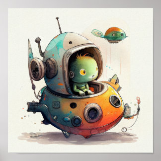 "Alien Robot in Spaceship" - Watercolor Poster