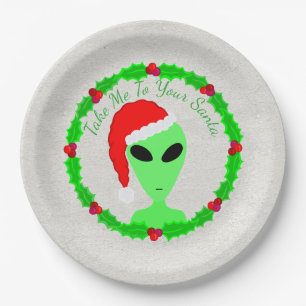 Alien Santa Holly Wreath Festive Holiday Party Paper Plate