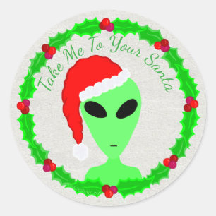 Alien Santa Holly Wreath Little Green Man Classic Round Sticker