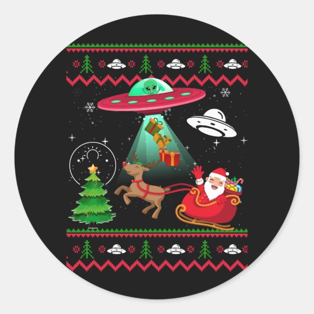 Alien Santa UFO Abduction Ugly Christmas Sweater S Classic Round Sticker (Front)