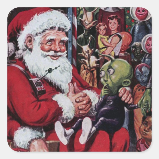 Alien Santa Vintage Illustration Scrapbook Square Sticker (Front)