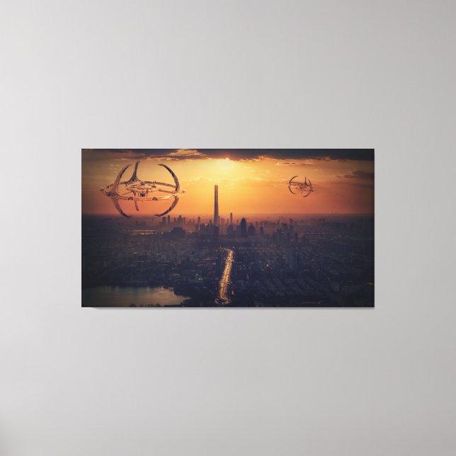 Alien Ships above City Fantasy Landscape Canvas Print (Front)