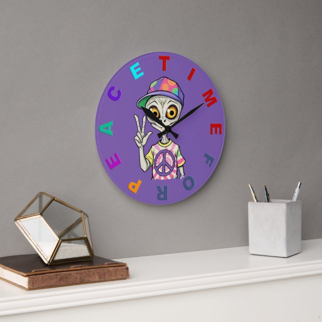 Alien shows the Hand Peace Sign 1 Large Clock (Office)