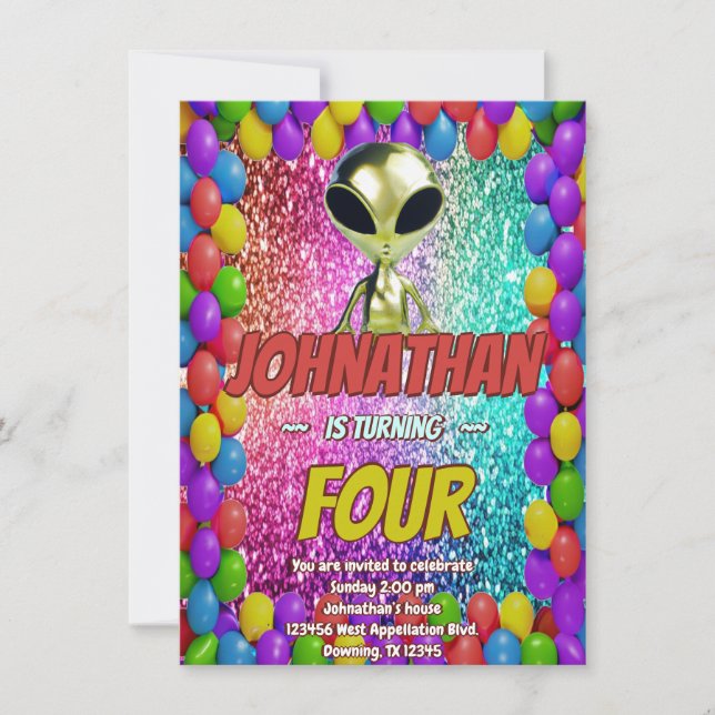 Alien Space UFO Rocket Ship Cosmic birthday invite (Front)