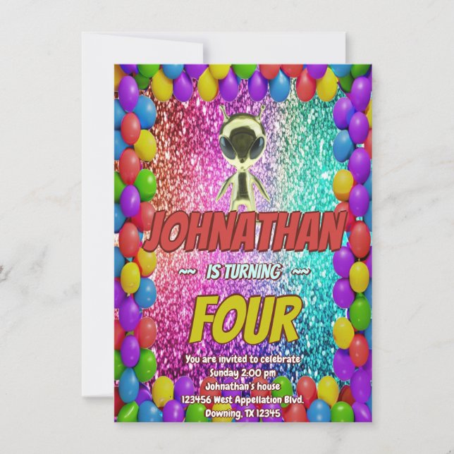 Alien Space UFO Rocket Ship Cosmic birthday invite (Front)