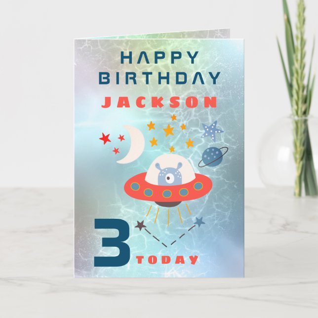 Alien Spaceship Age 3 Space Teal Birthday Card (Front)