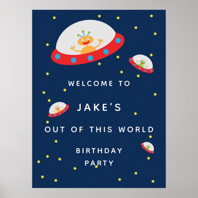 Alien spaceship birthday party poster welcome sign (Front)
