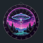 Alien Spaceship Retro Futuristic Dartboard<br><div class="desc">Step into a world of otherworldly wonder with our mesmerising Alien Spaceship Vaporwave Aesthetic Art Print. Against the backdrop of a starlit sky, this captivating scene depicts an alien spaceship hovering over a serene night field, casting an ethereal glow that bathes the surroundings in a surreal light. Inspired by the...</div>