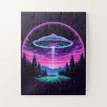 Alien Spaceship Retro Futuristic Jigsaw Puzzle<br><div class="desc">Step into a world of otherworldly wonder with our mesmerising Alien Spaceship Vaporwave Aesthetic Art Print. Against the backdrop of a starlit sky, this captivating scene depicts an alien spaceship hovering over a serene night field, casting an ethereal glow that bathes the surroundings in a surreal light. Inspired by the...</div>