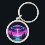Alien Spaceship Retro Futuristic Key Ring<br><div class="desc">Step into a world of otherworldly wonder with our mesmerising Alien Spaceship Vaporwave Aesthetic Art Print. Against the backdrop of a starlit sky, this captivating scene depicts an alien spaceship hovering over a serene night field, casting an ethereal glow that bathes the surroundings in a surreal light. Inspired by the...</div>