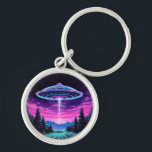 Alien Spaceship Retro Futuristic Key Ring<br><div class="desc">Step into a world of otherworldly wonder with our mesmerising Alien Spaceship Vaporwave Aesthetic Art Print. Against the backdrop of a starlit sky, this captivating scene depicts an alien spaceship hovering over a serene night field, casting an ethereal glow that bathes the surroundings in a surreal light. Inspired by the...</div>