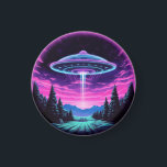 Alien Spaceship Retro Futuristic Magnet<br><div class="desc">Step into a world of otherworldly wonder with our mesmerising Alien Spaceship Vaporwave Aesthetic Art Print. Against the backdrop of a starlit sky, this captivating scene depicts an alien spaceship hovering over a serene night field, casting an ethereal glow that bathes the surroundings in a surreal light. Inspired by the...</div>