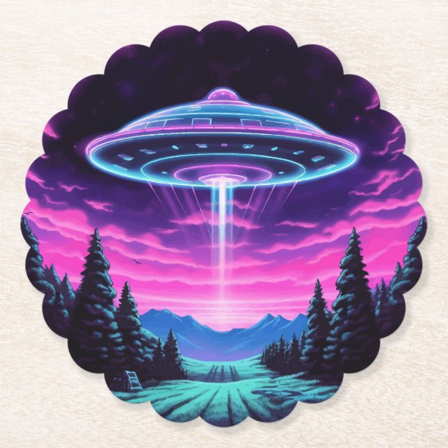 Alien Spaceship Retro Futuristic Paper Coaster (Front)