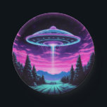 Alien Spaceship Retro Futuristic Paper Plate<br><div class="desc">Step into a world of otherworldly wonder with our mesmerising Alien Spaceship Vaporwave Aesthetic Art Print. Against the backdrop of a starlit sky, this captivating scene depicts an alien spaceship hovering over a serene night field, casting an ethereal glow that bathes the surroundings in a surreal light. Inspired by the...</div>