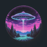 Alien Spaceship Retro Futuristic Paper Plate<br><div class="desc">Step into a world of otherworldly wonder with our mesmerising Alien Spaceship Vaporwave Aesthetic Art Print. Against the backdrop of a starlit sky, this captivating scene depicts an alien spaceship hovering over a serene night field, casting an ethereal glow that bathes the surroundings in a surreal light. Inspired by the...</div>