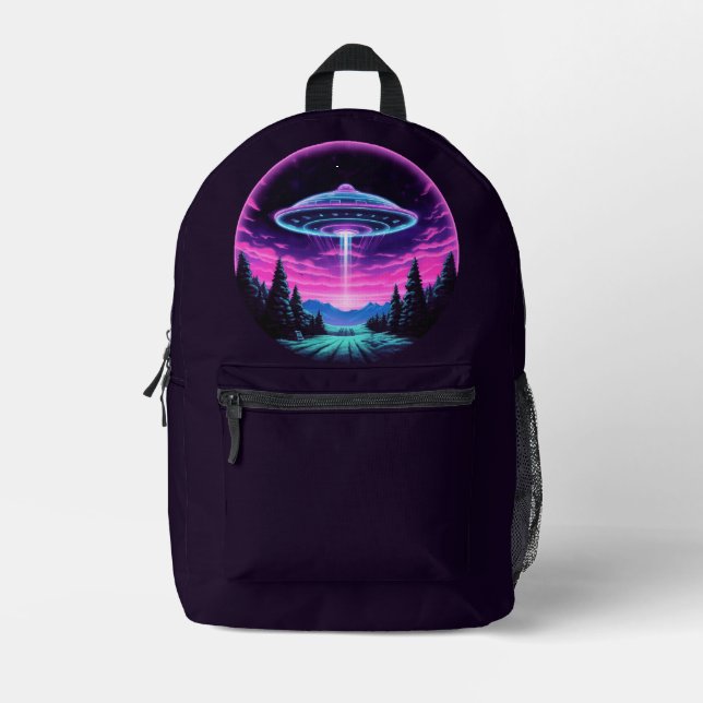 Alien Spaceship Retro Futuristic Printed Backpack (Front)