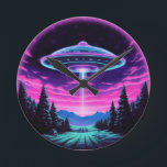 Alien Spaceship Retro Futuristic Round Clock<br><div class="desc">Step into a world of otherworldly wonder with our mesmerising Alien Spaceship Vaporwave Aesthetic Art Print. Against the backdrop of a starlit sky, this captivating scene depicts an alien spaceship hovering over a serene night field, casting an ethereal glow that bathes the surroundings in a surreal light. Inspired by the...</div>
