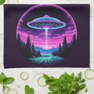 Alien Spaceship Retro Futuristic Tea Towel