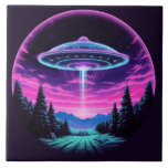 Alien Spaceship Retro Futuristic Tile<br><div class="desc">Step into a world of otherworldly wonder with our mesmerising Alien Spaceship Vaporwave Aesthetic Art Print. Against the backdrop of a starlit sky, this captivating scene depicts an alien spaceship hovering over a serene night field, casting an ethereal glow that bathes the surroundings in a surreal light. Inspired by the...</div>