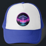 Alien Spaceship Retro Futuristic Trucker Hat<br><div class="desc">Step into a world of otherworldly wonder with our mesmerising Alien Spaceship Vaporwave Aesthetic Art Print. Against the backdrop of a starlit sky, this captivating scene depicts an alien spaceship hovering over a serene night field, casting an ethereal glow that bathes the surroundings in a surreal light. Inspired by the...</div>