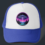 Alien Spaceship Retro Futuristic Trucker Hat<br><div class="desc">Step into a world of otherworldly wonder with our mesmerising Alien Spaceship Vaporwave Aesthetic Art Print. Against the backdrop of a starlit sky, this captivating scene depicts an alien spaceship hovering over a serene night field, casting an ethereal glow that bathes the surroundings in a surreal light. Inspired by the...</div>